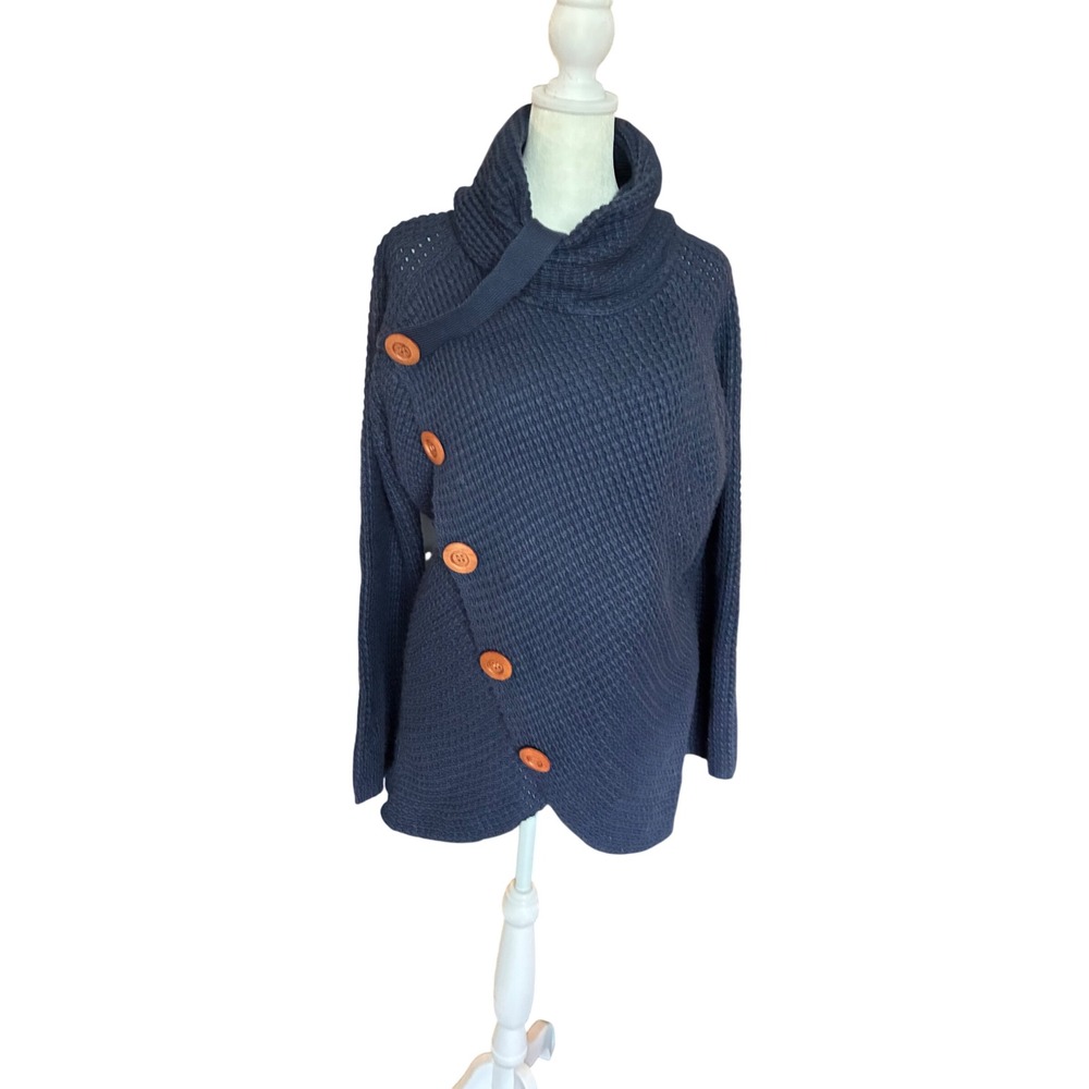 GRECERELLE Navy Blue Waffle Knit Asymmetrical Button Shawl Collar Sweater Large